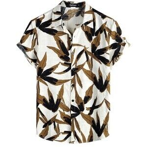 Vatpave Men's Bamboo Leaf Print Button Down Shirt Tropical Size Medium NWT's